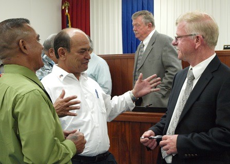 Rep. Lorenzo I. Deleon Guerrero, CENTER; Rep.Christopher D. Leo Guerrero, LEFT, and Transit Consulting Network President Wally Beck. Photo by Emmanuel T. Erediano